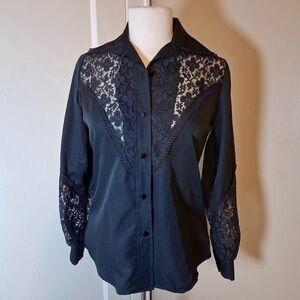Vintage Black Floral Lace Button-Up Blouse -Size 6/S -TP59